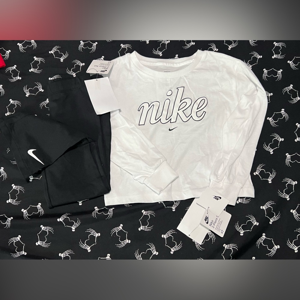 Nike White Long Sleeve Boxy Top and Black Leggings set